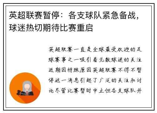 英超联赛暂停：各支球队紧急备战，球迷热切期待比赛重启